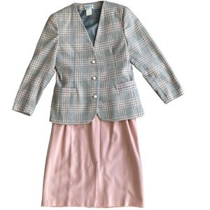 Vintage Russ plaid office suit with pearl buttons and pink skirt